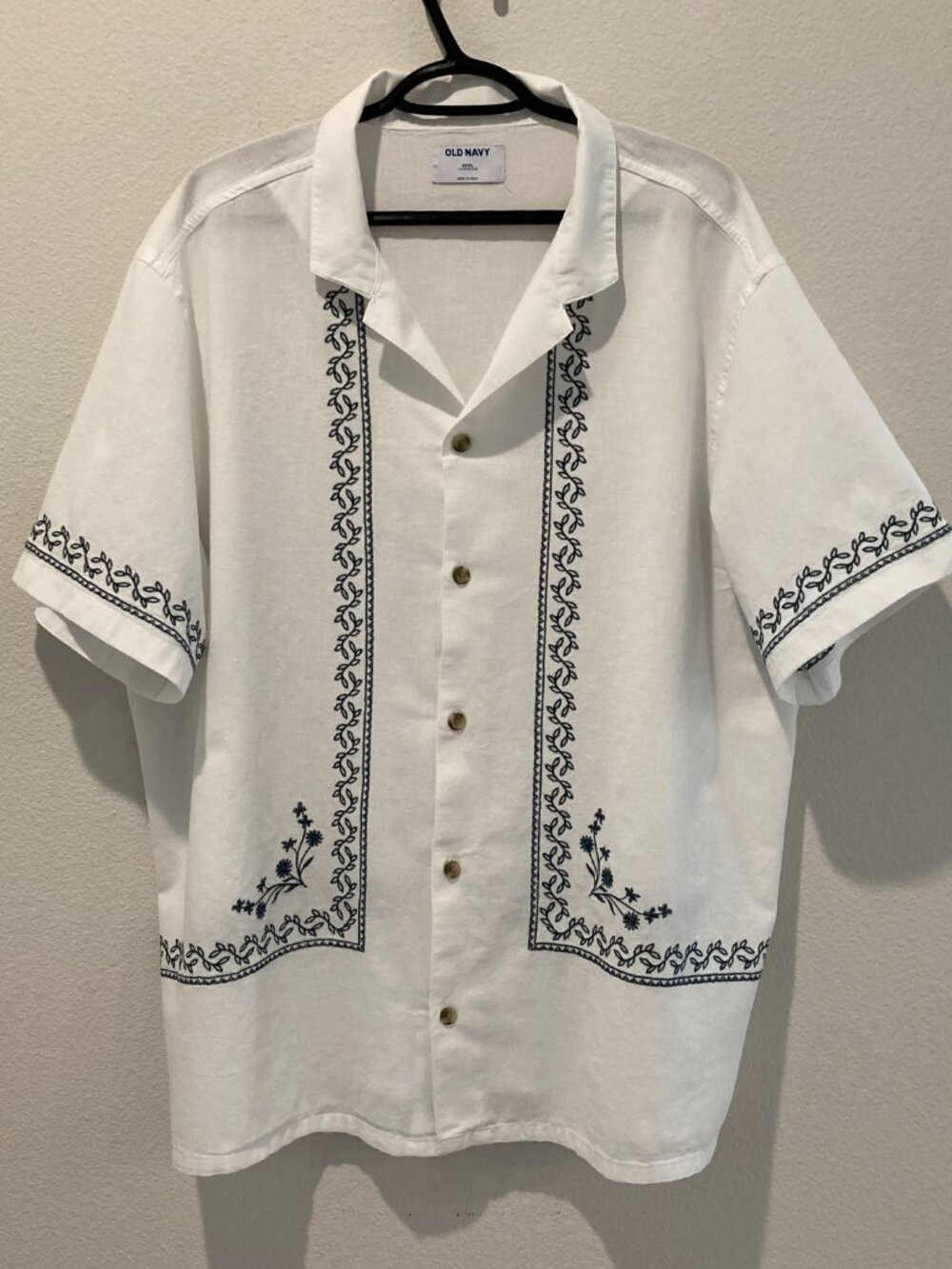 ✨ Old Navy White Blue Embroidered Cotton Linen Camp Shirt 3XL